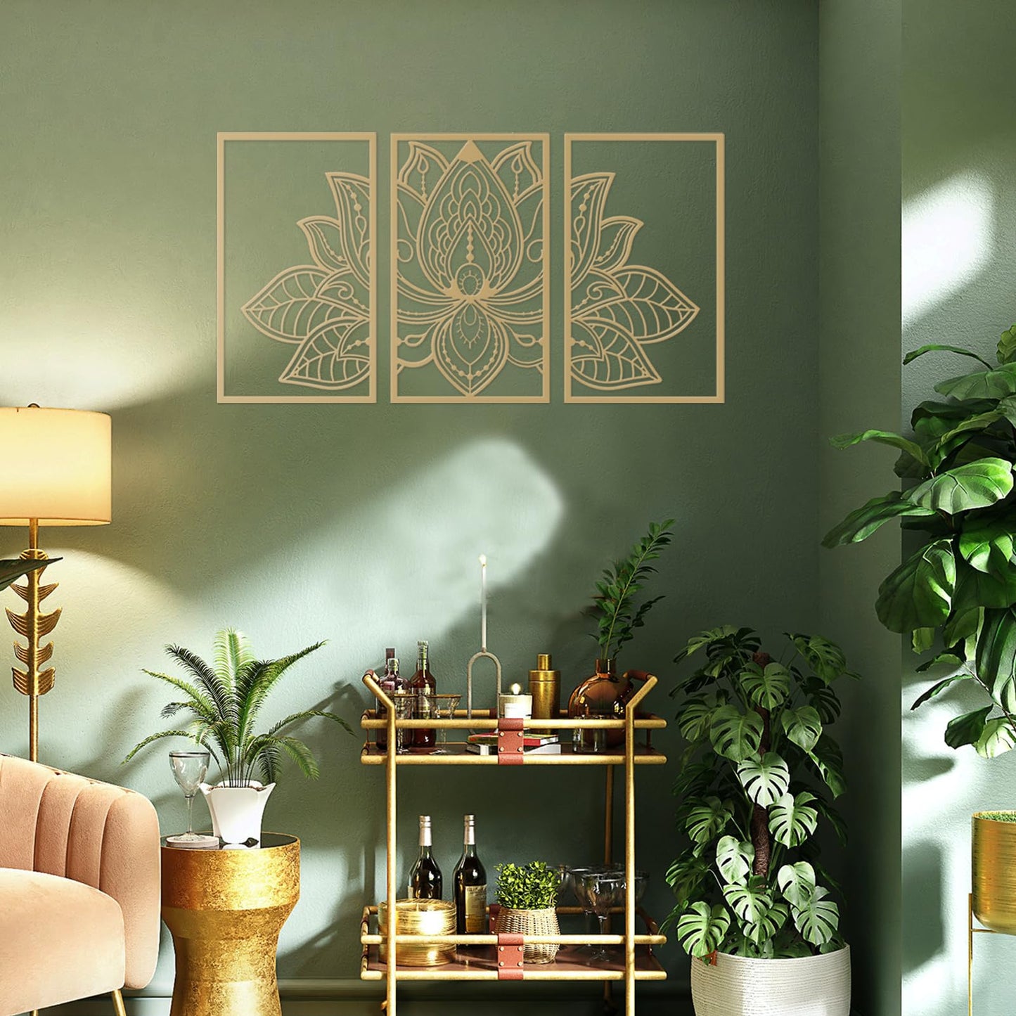 ESTART Large Lotus Flower Metal Wall Art 3-piece Set, Religion Faith Mandala Home Wall Decoration for Living Room, Bedroom, Office and Yoga Room (Gold, Large)