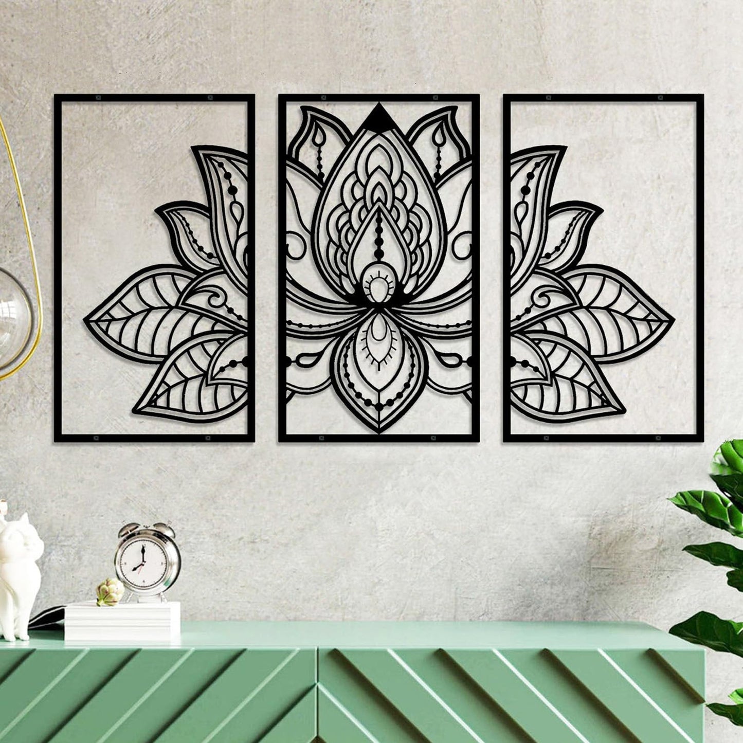 ESTART Large Lotus Flower Metal Wall Art 3-piece Set, Religion Faith Mandala Home Wall Decoration for Living Room, Bedroom, Office and Yoga Room (Gold, Large)