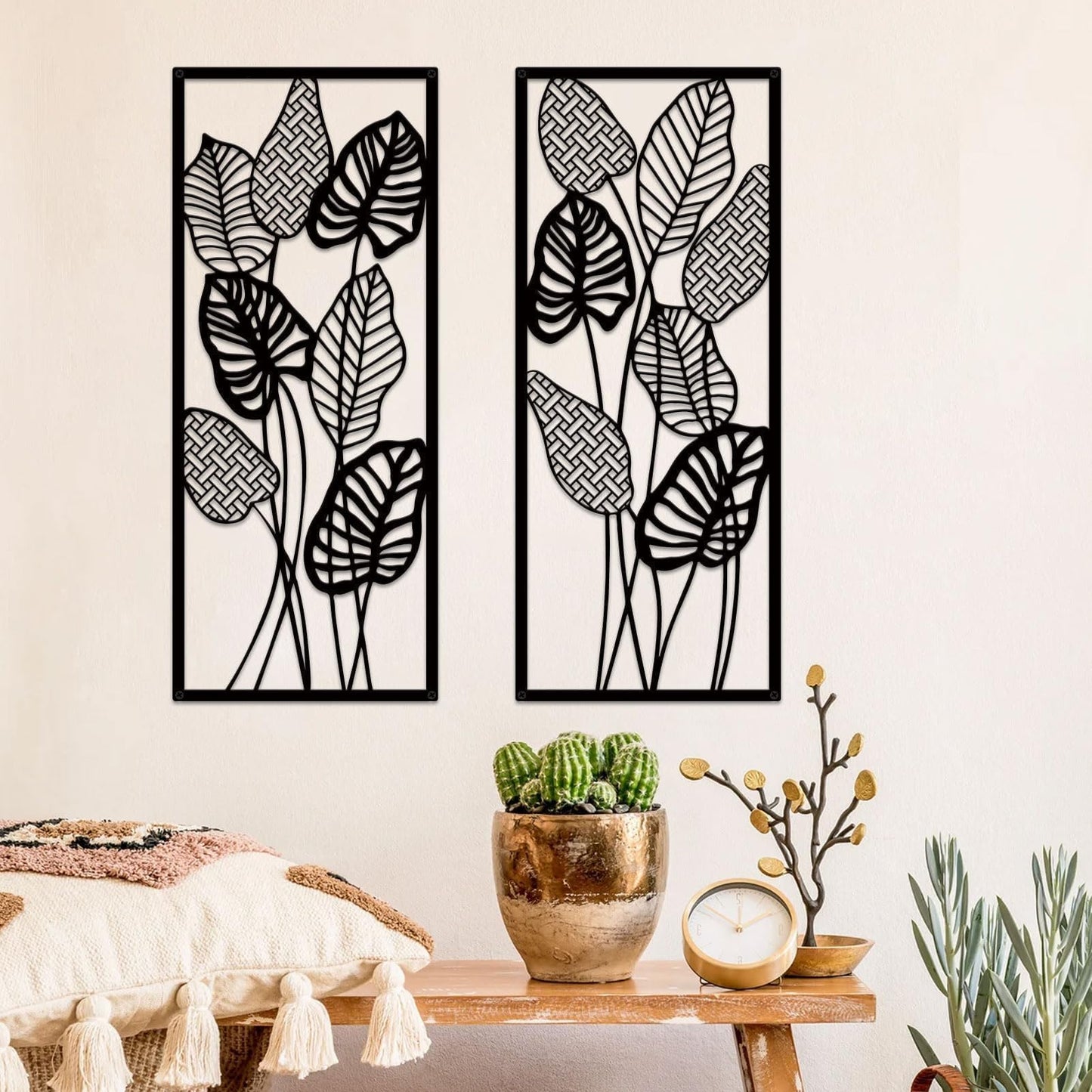 ruelen Wall Decor 2 Pcs Metal Leaf Wall Art, Modern Minimalist Black Metal Leaf Hanging Decor Rustic Farmhouse Wall Decor for Home Living Room Bedroom Bathroom Hallway Office
