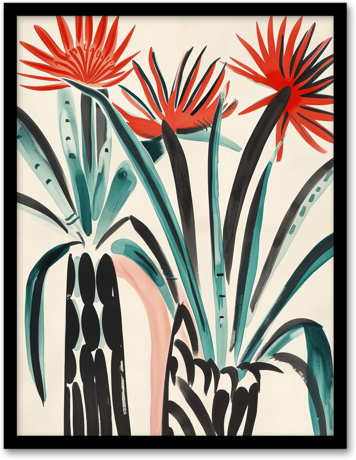 Artery8 Abstract Red Dahlia Flowers in Vases Painting Living Room Artwork Framed Wall Art Print 18X24 Inch