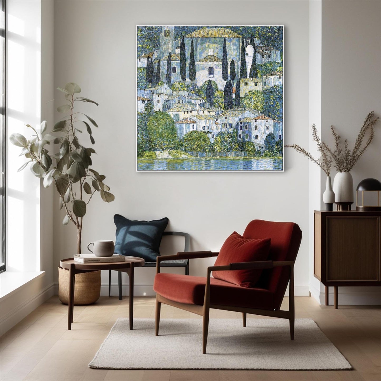 Wallfillers Large Blue Gustav Klimt Landscape Wall Art Framed Canvas Print of Kirche in Casseone Painting (100cm x 100cm)