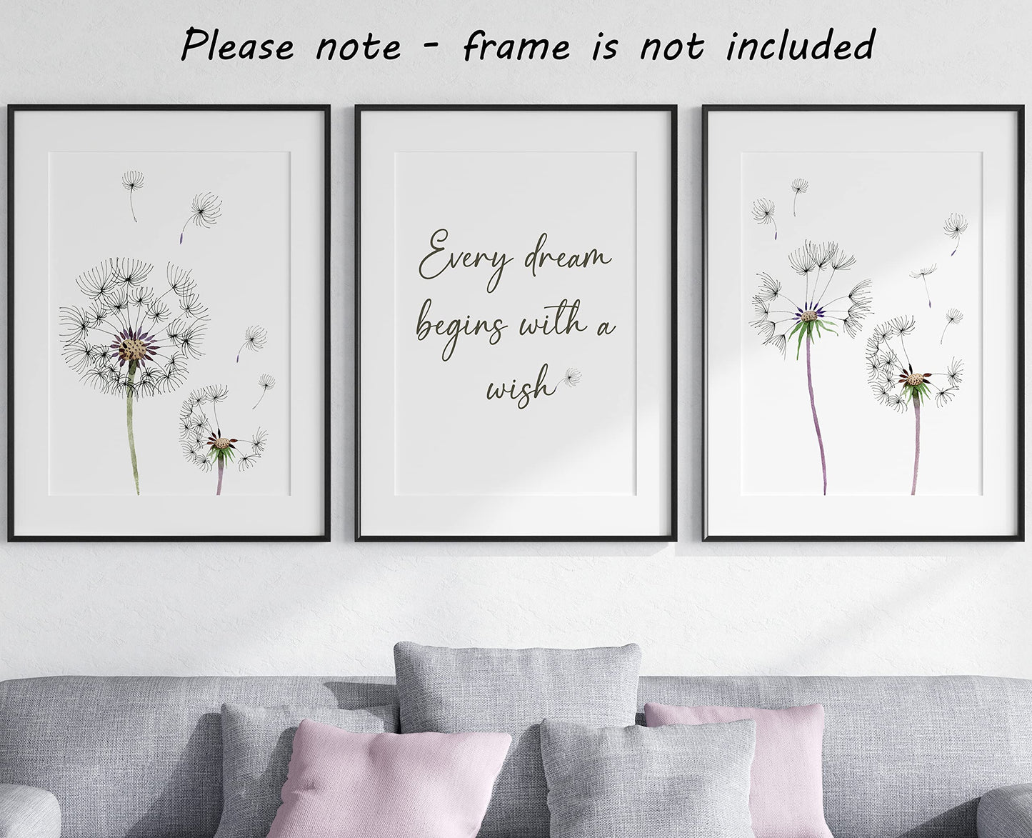 Eviepops Prints Dandelion Quote Wall Art Set of 3 Unframed Prints, Plant Decor, Living Room Bedroom Poster Home Decor, Every Dream Begins with a Wish (A4)