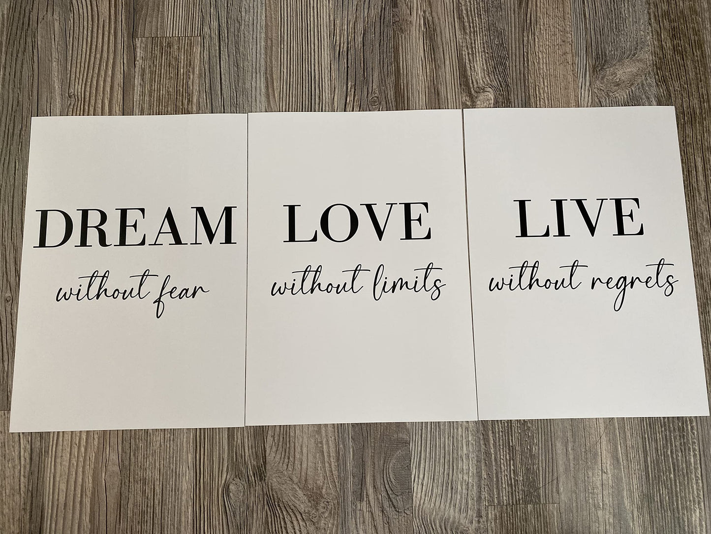 Dream Love Live Quotes set of 3 Unframed Prints, Home Decor Wall Art, Dream Without Fear, Love Without Limits, Live Without Regrets (A4)