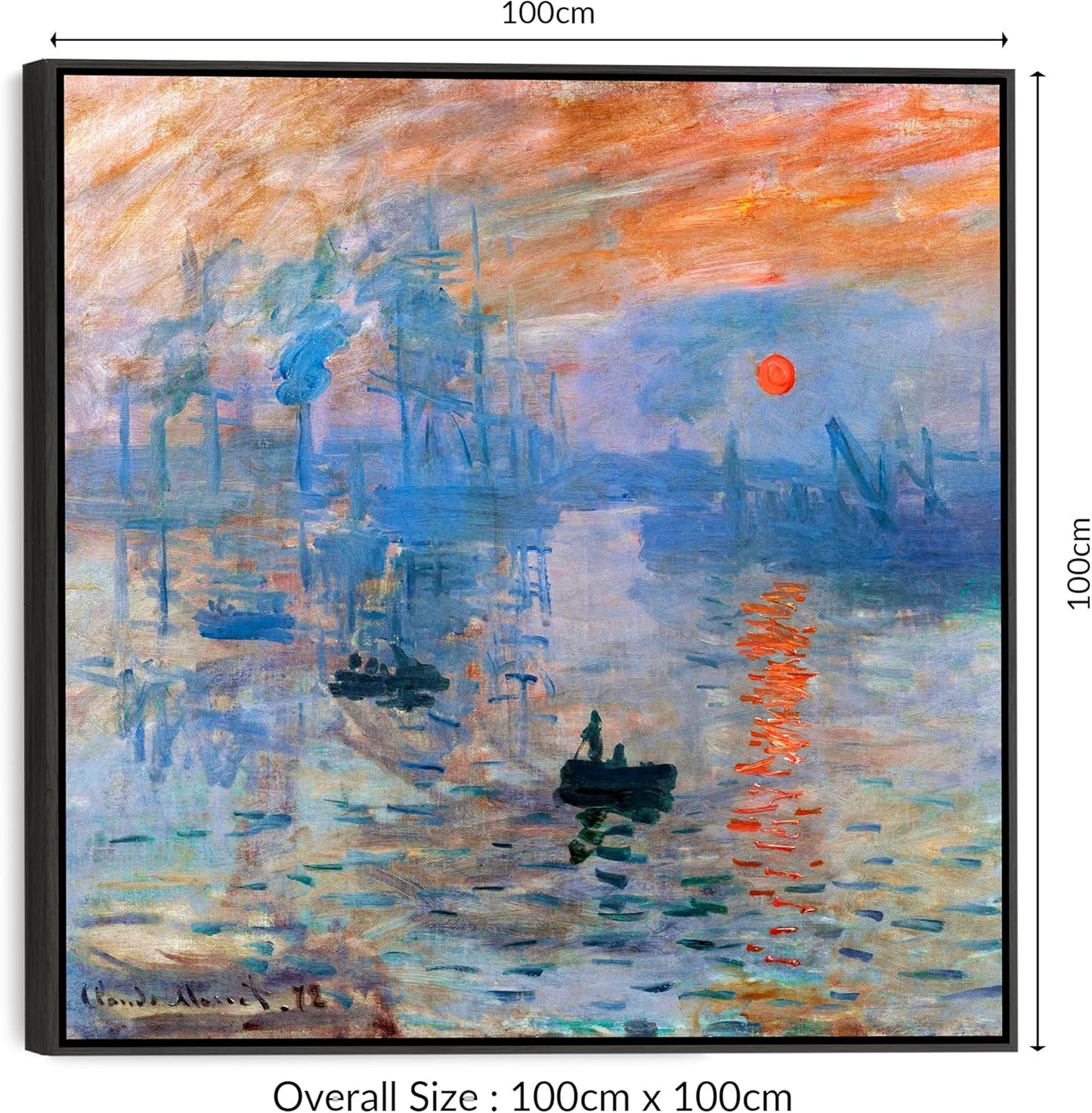 Claude Monet Framed Canvas Wall Art Print - Sunrise - 100cm x 100cm Artwork