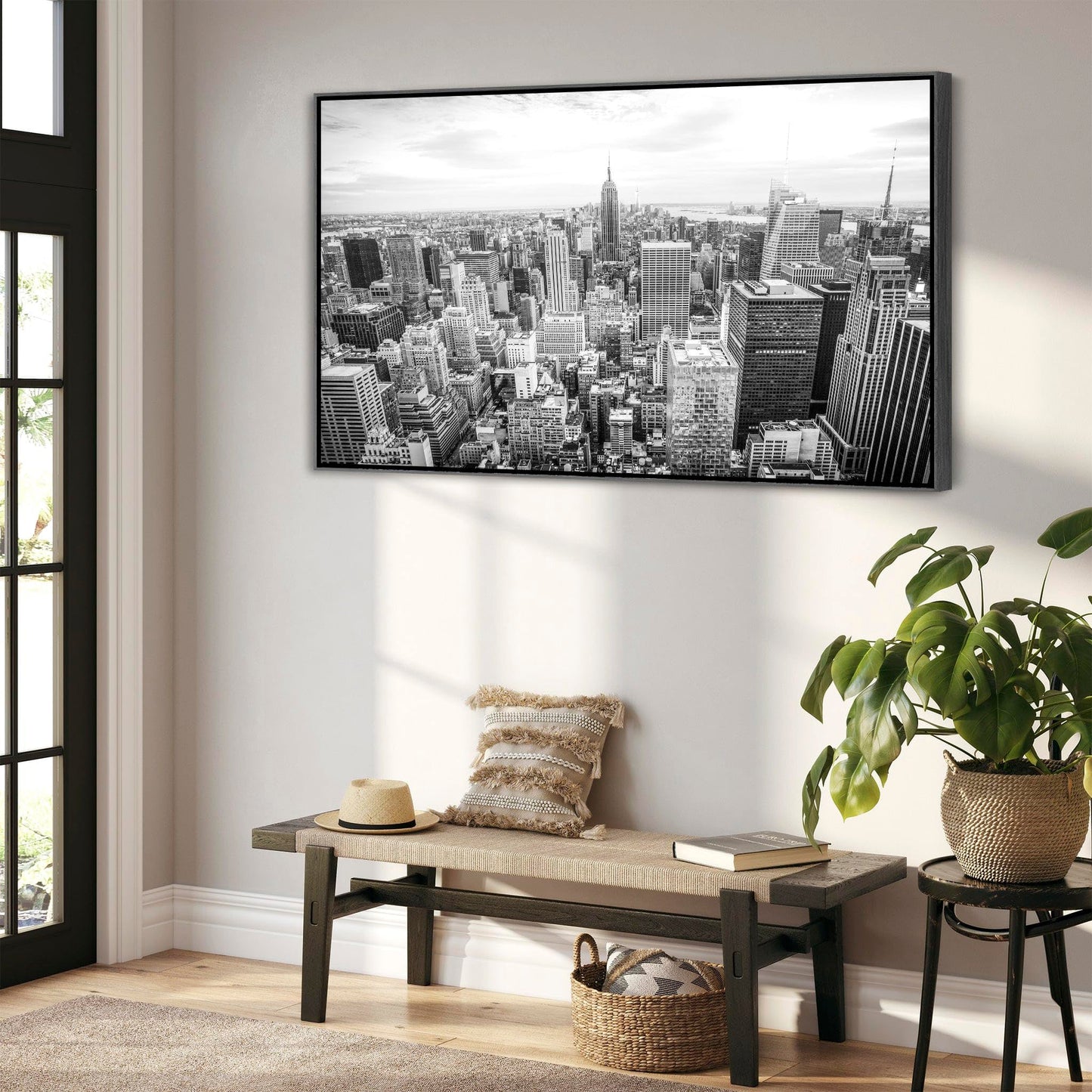 New York Skyline Framed Canvas Wall Art - Black White Picture - FF2104 - XXL - 123cm x 82cm