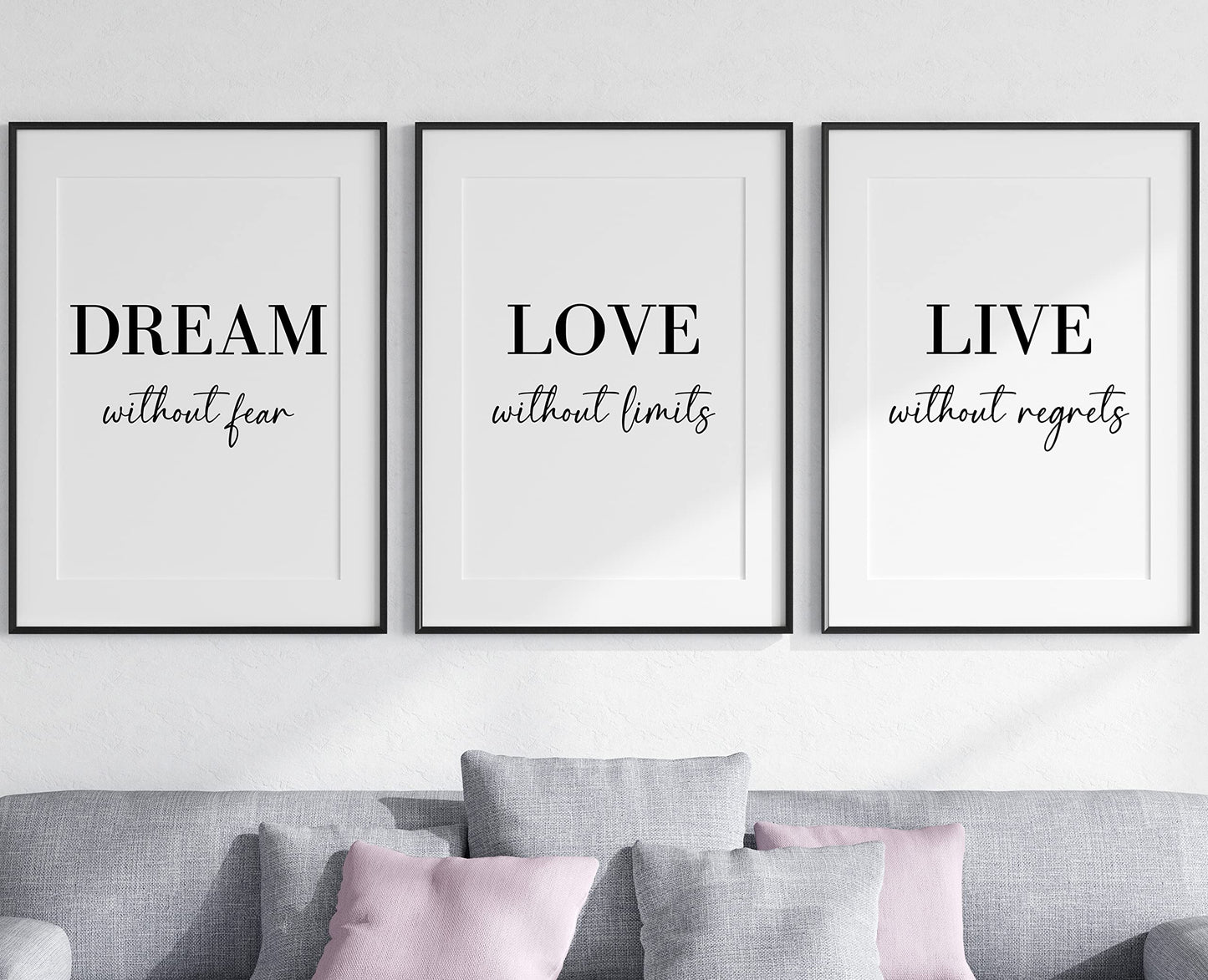 Dream Love Live Quotes set of 3 Unframed Prints, Home Decor Wall Art, Dream Without Fear, Love Without Limits, Live Without Regrets (A4)