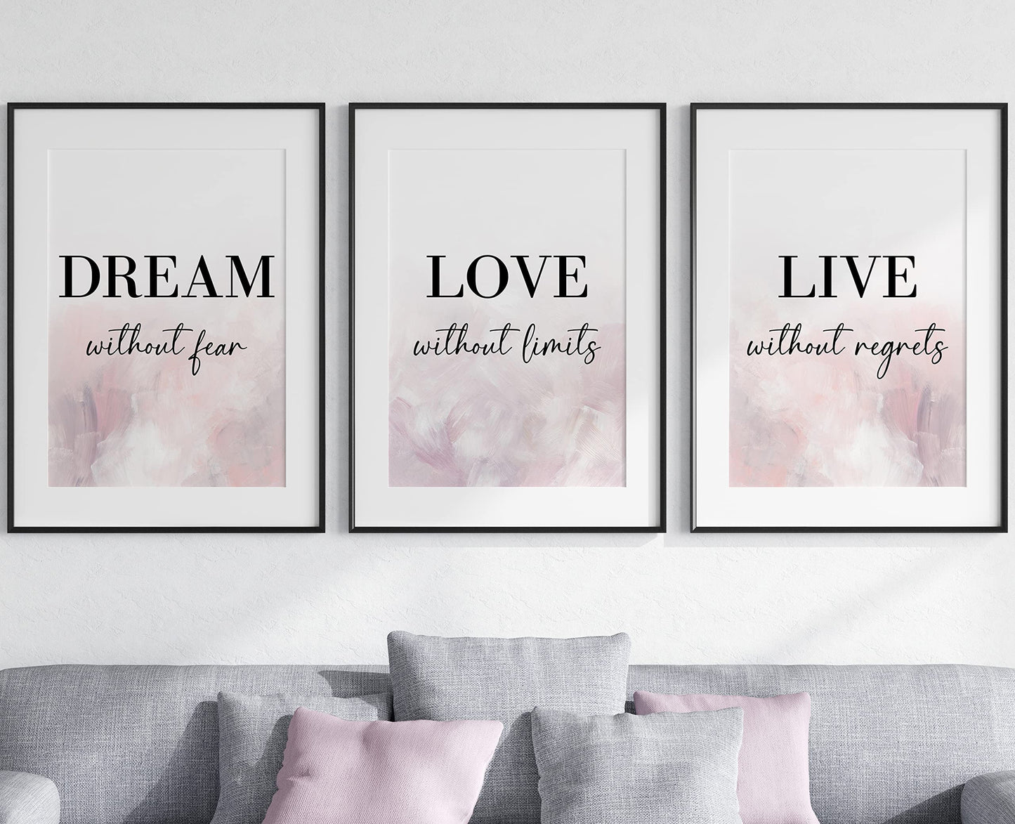 Dream Love Live Quotes set of 3 Unframed Prints, Home Decor Wall Art, Dream Without Fear, Love Without Limits, Live Without Regrets (A4)