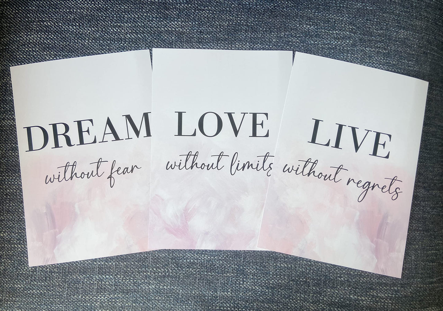 Dream Love Live Quotes set of 3 Unframed Prints, Home Decor Wall Art, Dream Without Fear, Love Without Limits, Live Without Regrets (A4)