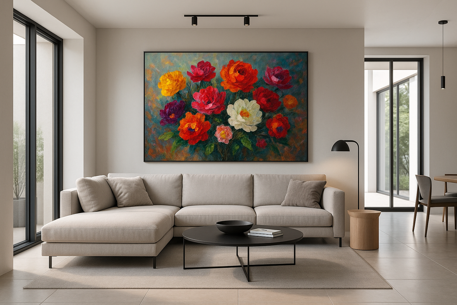 modern living room with flower oil painting on wall