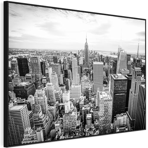New York Skyline Framed Canvas Wall Art - Black White Picture - FF2104 - XXL - 123cm x 82cm