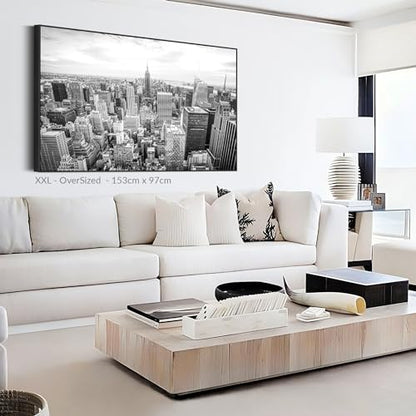 New York Skyline Framed Canvas Wall Art - Black White Picture - FF2104 - XXL - 123cm x 82cm