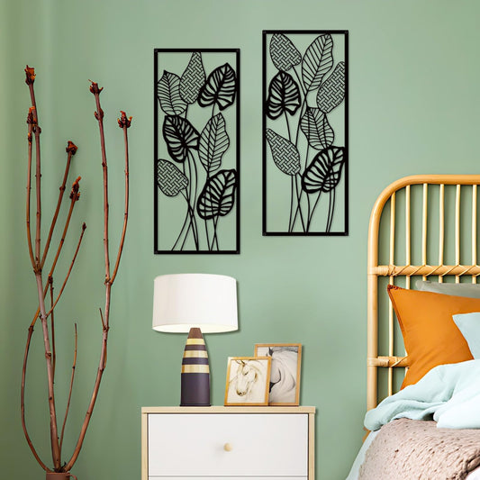 ruelen Wall Decor 2 Pcs Metal Leaf Wall Art, Modern Minimalist Black Metal Leaf Hanging Decor Rustic Farmhouse Wall Decor for Home Living Room Bedroom Bathroom Hallway Office