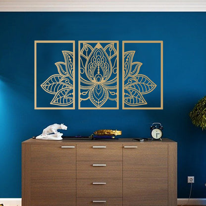 ESTART Large Lotus Flower Metal Wall Art 3-piece Set, Religion Faith Mandala Home Wall Decoration for Living Room, Bedroom, Office and Yoga Room (Gold, Large)
