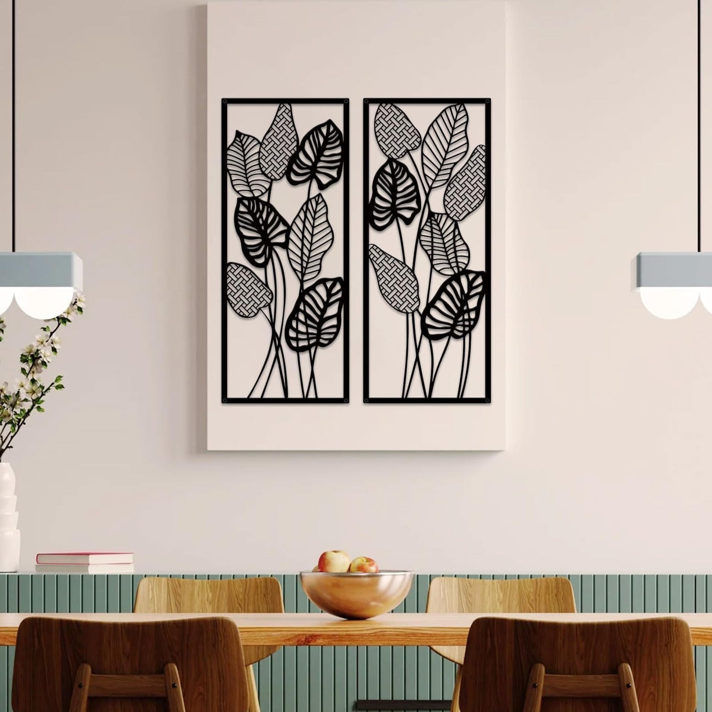ruelen Wall Decor 2 Pcs Metal Leaf Wall Art, Modern Minimalist Black Metal Leaf Hanging Decor Rustic Farmhouse Wall Decor for Home Living Room Bedroom Bathroom Hallway Office