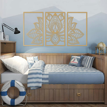 ESTART Large Lotus Flower Metal Wall Art 3-piece Set, Religion Faith Mandala Home Wall Decoration for Living Room, Bedroom, Office and Yoga Room (Gold, Large)