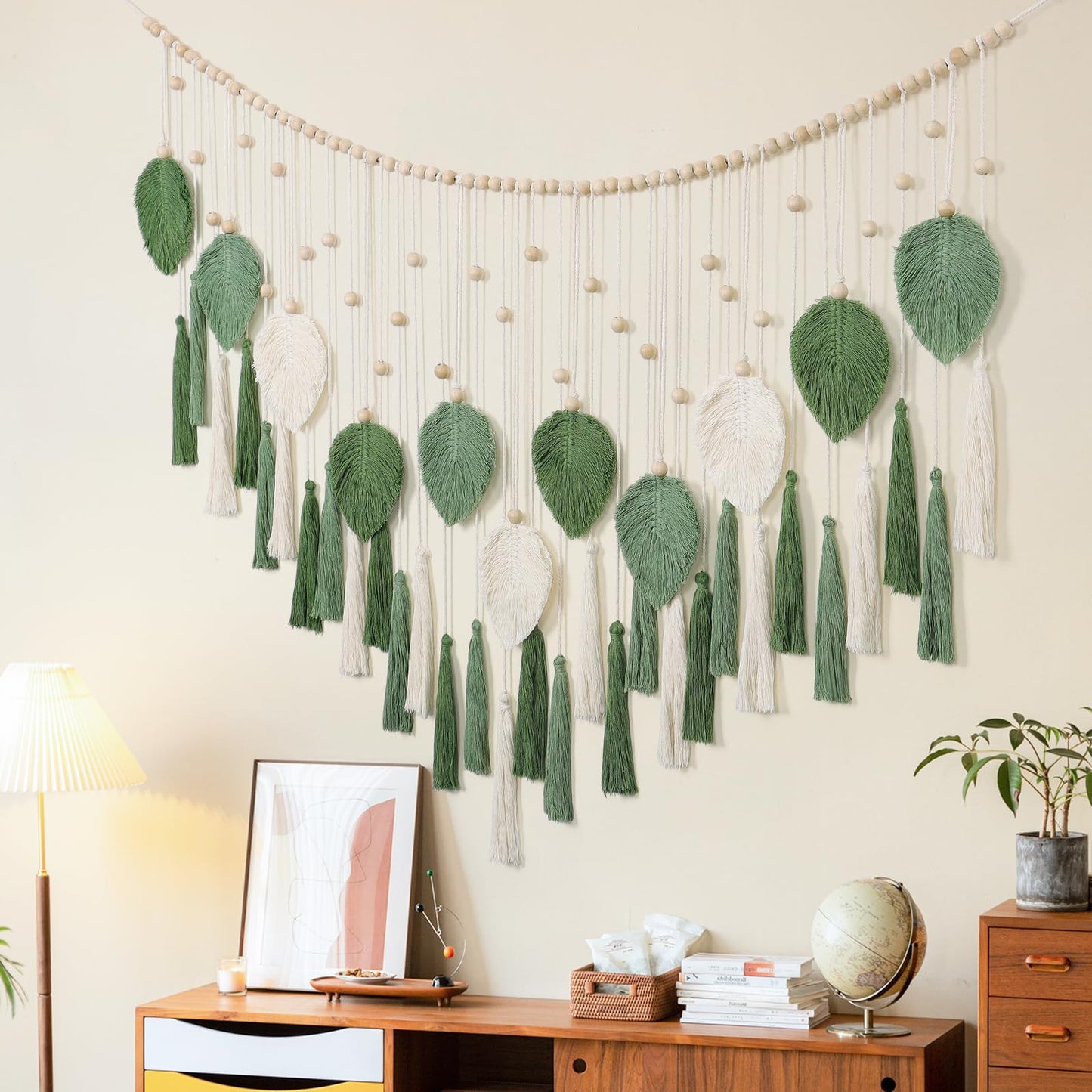 Dremisland Macrame Wall Hanging Large Boho Woven Tapestry Macrame Tassel Bead Art Cotton Rope Bohemian Wall Decor for Bedroom Living Room Apartment Backdrop