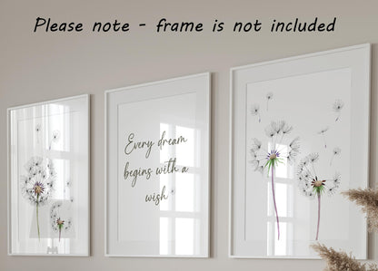 Eviepops Prints Dandelion Quote Wall Art Set of 3 Unframed Prints, Plant Decor, Living Room Bedroom Poster Home Decor, Every Dream Begins with a Wish (A4)