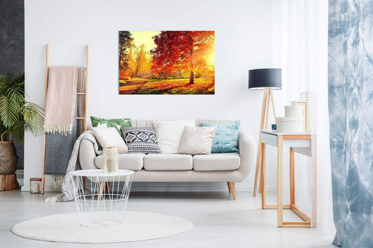 Autumn Scene Trees and Leaves in Sun Light Canvas Wall Art Picture Print (18x12in) for Living Room