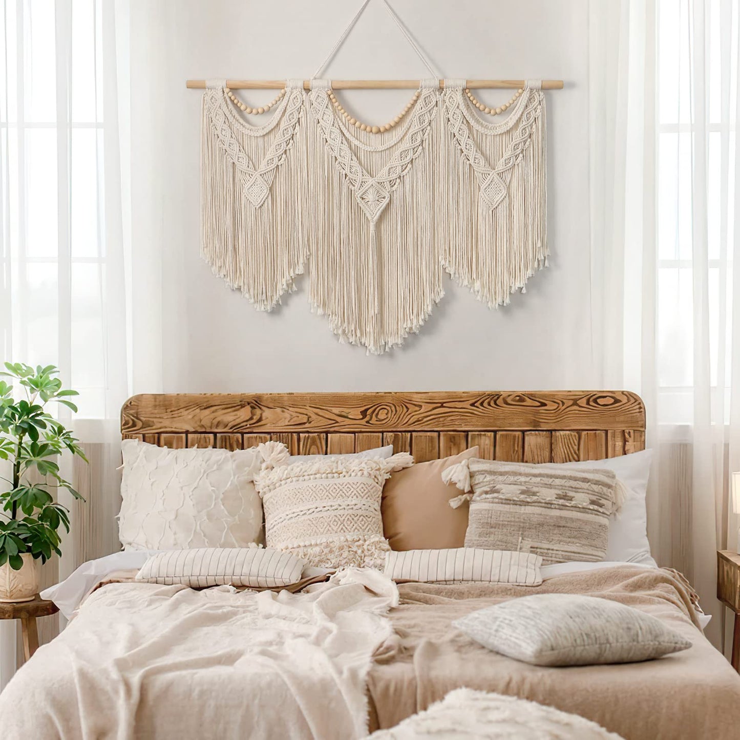 Dremisland Macrame Wall Hanging Large Boho Woven Tapestry Macrame Tassel Bead Art Cotton Rope Bohemian Wall Decor for Bedroom Living Room Apartment Backdrop