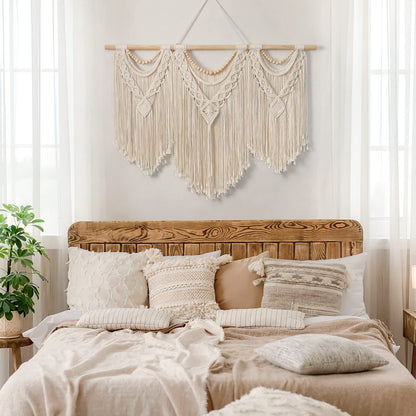 Dremisland Macrame Wall Hanging Large Boho Woven Tapestry Macrame Tassel Bead Art Cotton Rope Bohemian Wall Decor for Bedroom Living Room Apartment Backdrop