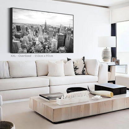 New York Skyline Framed Canvas Wall Art - Black White Picture - FF2104 - XXL - 123cm x 82cm