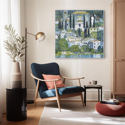 Wallfillers Large Blue Gustav Klimt Landscape Wall Art Framed Canvas Print of Kirche in Casseone Painting (100cm x 100cm)