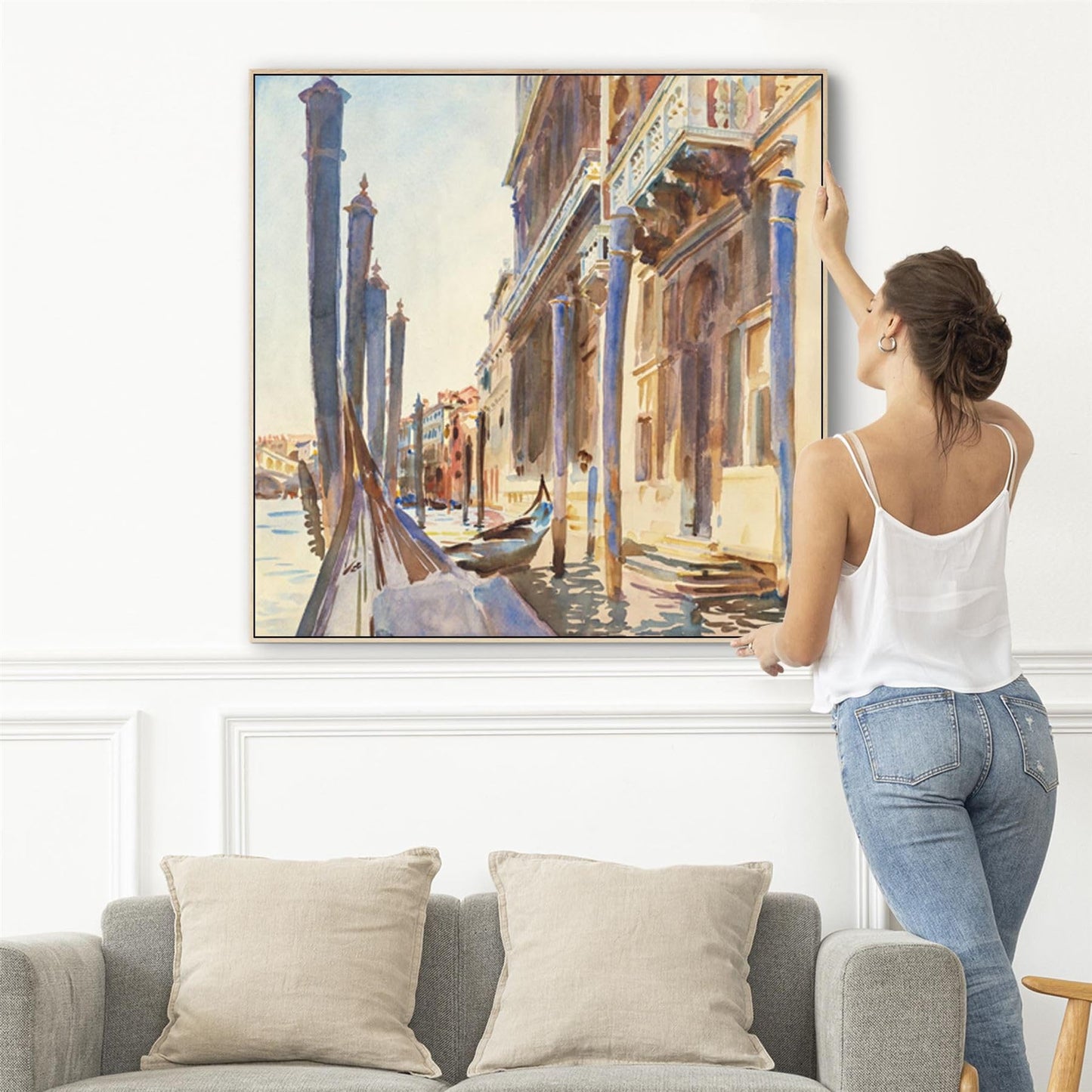 Wallfillers Large John Singer Sargeant Wall Art Framed Canvas Print of Famous Gondola Moorings Venice Painting (100cm x 100cm)
