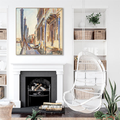 Wallfillers Large John Singer Sargeant Wall Art Framed Canvas Print of Famous Gondola Moorings Venice Painting (100cm x 100cm)