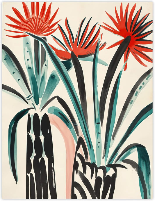 Artery8 Abstract Red Dahlia Flowers in Vases Painting Living Room Artwork Framed Wall Art Print 18X24 Inch