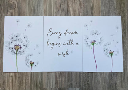 Eviepops Prints Dandelion Quote Wall Art Set of 3 Unframed Prints, Plant Decor, Living Room Bedroom Poster Home Decor, Every Dream Begins with a Wish (A4)