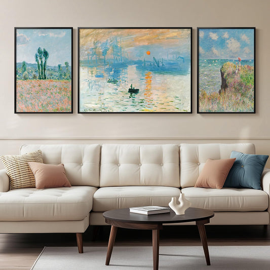 Framed Claude Monet Wall Art for Living Room, 3 Piece Extra Large Monet Canvas Wall Art, Impression Sunrise Artwork for Walls, Mid Century Pictures Prints for Bedroom Hallway Home Office Wall Decor