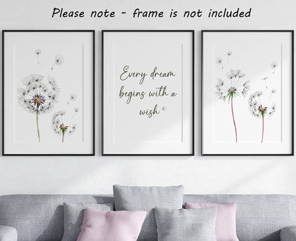 Eviepops Prints Dandelion Quote Wall Art Set of 3 Unframed Prints, Plant Decor, Living Room Bedroom Poster Home Decor, Every Dream Begins with a Wish (A4)