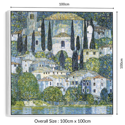 Wallfillers Large Blue Gustav Klimt Landscape Wall Art Framed Canvas Print of Kirche in Casseone Painting (100cm x 100cm)